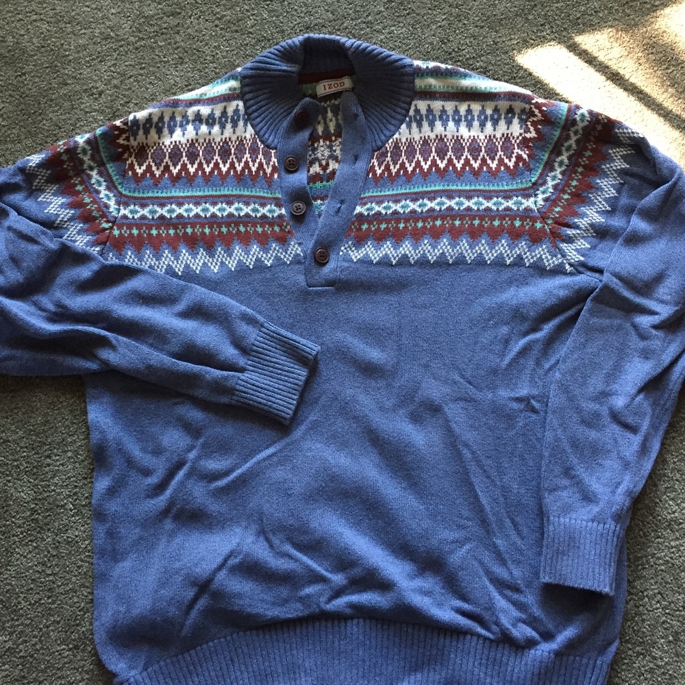 Blue Izod Mens Fair Isle Henley Sweater L